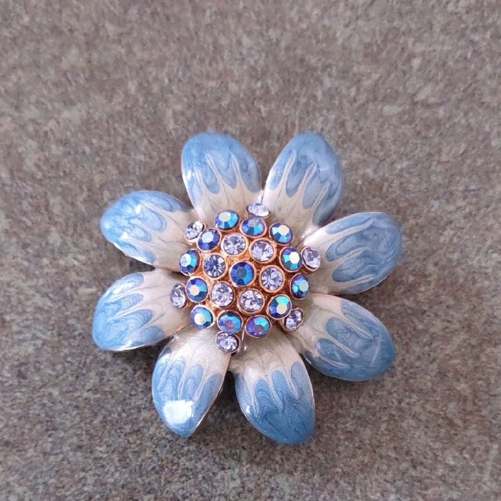 Silver and Blue Floral Brooch with Rhinestone Middle